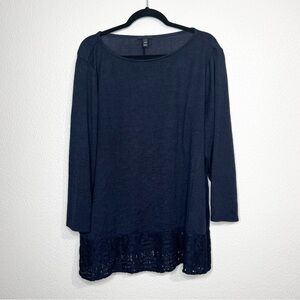 Lane Bryant Womens Plus Size 22 24 Navy Blue Tunic Top Crochet Hem Long Sleeve